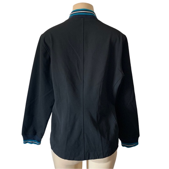 Black Varsity Sport Jacket with Blue Stripes Snap Button Lined - Picture 3 of 6